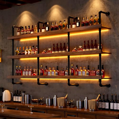 120cm Portabottiglie da Parete in legno Massello, Grande Espositore per Bottiglie di Vino in Industriale Vetrinetta da Bar Con Luce LED,Scaffale Galleggiante Per Cucina, Bar, Caffetteria (120cm)
