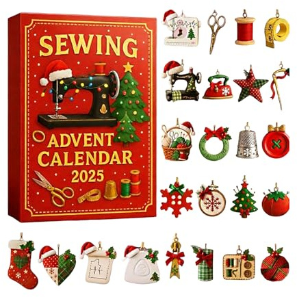 Nähen Adventskalender, 24-Tage Weihnachts-Countdown mit 2D Acryl Ornamente, Nähmaschinen-Dekorationen für DIY Bastler und Hobbynäher, Kreative Geschenkbox