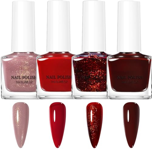4 Shade Red Nail Polish Gift Sets for Women, Vegan Red Nail Varnish Quick Dry with Easy-to-Use Brush, Non-Toxic Glossy Pink Cherry Bright Burgundy Nail Polish Gift Set for New Year
