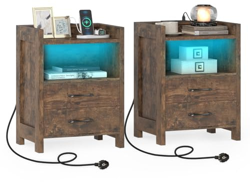 COSTWAY Table de Chevet avec Prise Lot de 2, Table de Nuit LED 16 Couleurs, 2 Prises, Port USB, Type-C, 2 Tiroirs, Étagère Ouverte, Chevet de Lit Connectée pour Chambre, Salon (2,Marron Rustique)