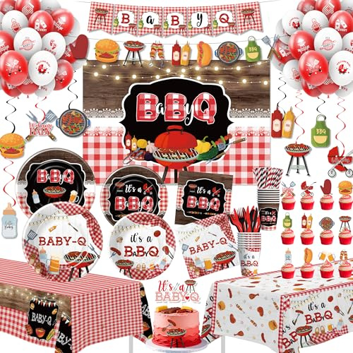 FVABO Baby Q Baby Shower Decorations, Red Gingham BBQ Baby Shower Supplies | Paper Plate, Party Cup, Napkin, Tablecloth, Backdrop, Swirls, Garland Banner, Balloon, Topper, Cutlery, Straw, Serves 24
