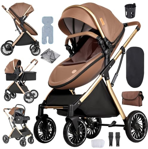 Aveainelle PU Cuir Poussette 3 en 1 Pour Bébé, Poussette Trio de Voyage en Forme de Coquille D'Œuf, Pousette Inclinable et Réversible, Landau Pliable En Un Clic, Accessoires Complets