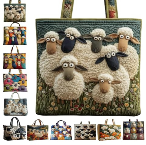 Generisch Tragetasche mit Schaf, Handgefertigt Schaf Tasche Lustige Schafmotiv Stickerei Gesteppte Einkaufstasche fur Tierliebhaber, Gepolstertem Griff