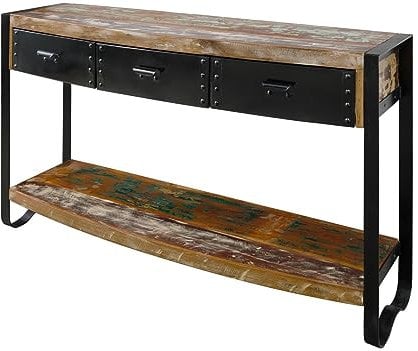 Massivmoebel24.de Konsolentisch Industrial, Beistelltisch aus Altholz und Eisen, Flurtisch mit 3 Schubladen und 1 Ablage