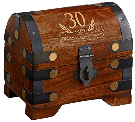 Casa Vivente Kleine Schatztruhe zum 30. Geburtstag, Schmuckkästchen mit Gravur, Aufbewahrungsbox aus dunklem Holz, Verpackung für Gutscheine, Geburtstagsgeschenk für Männer und Frauen