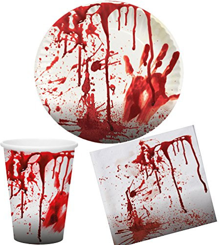Karneval-Klamotten Blutiges Party Set Halloween Horror Blut 36 Teile Teller, Becher, Servietten, Partygeschirr