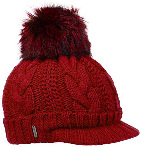 McBURN Britta Cable Knit Peak Pull On Mütze Bommelmütze Wintermütze Strickmütze Damen - Made in Italy mit Schirm, Futter, Futter Winter Herbst-Winter - One Size rot