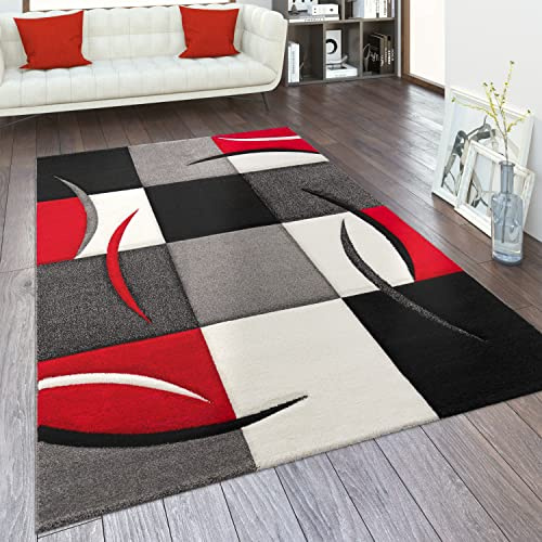 Paco Home Teppich Wohnzimmer Kurzflor Schlafzimmer Modern Geometrisches Muster Kariert Meliert, Grösse:300x400 cm, Farbe:Rot