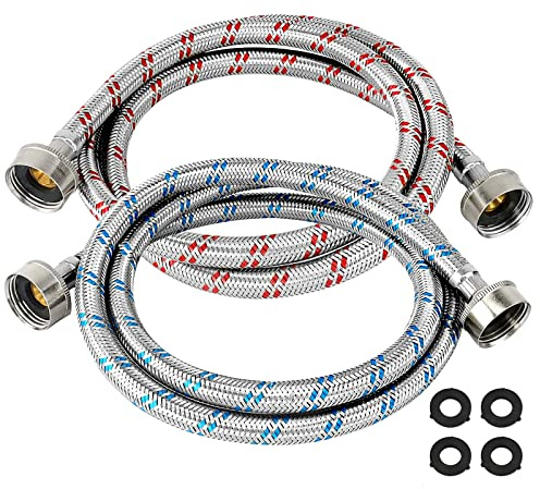 Beaquicy 4 Ft Washing Machine Hoses Burst Proof Braided Stainless Steel - Fit for ALL Washers - Red and Blue Washer Hoses(2 Packs) - 10 YEARS WARRANTY