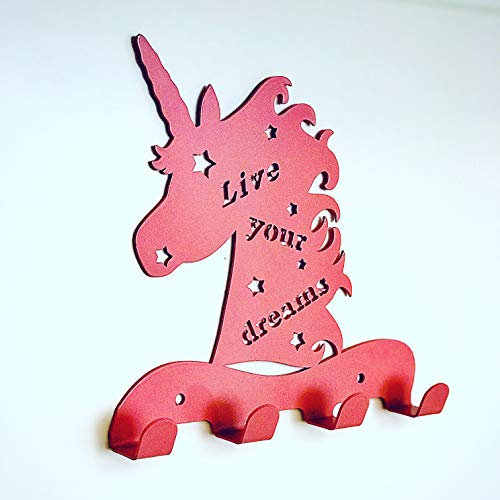 Einhorn Kinder Hakenleiste,Leichte, lasergeschnittene Stahlwand Dekor für Kinder + 3 Kleiderhaken, Taschen, Handtücher von Ariel Metal Design 7x7 Zoll