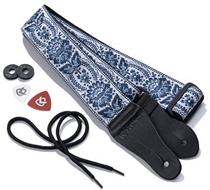 KLIQ Gewebter Retro-Gitarrengurt für Akustik- und E-Gitarren, 60er Jahre, Jacquardgewebe, Hootenanny-Stil, 2 Gummi-Gurtsicherungen im Lieferumfang enthalten, Flower-Blue/White Sunburst