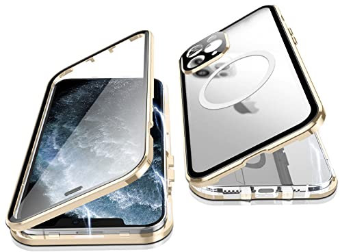 Jonwelsy Hülle für iPhone 11 Pro Max, 360 Grad Beidseitig Schutz Kompatibel mit Magsafe Magnetische Adsorption Metallrahmen Case Vorne Glas Hinten Frosted PC Cover Handyhülle für 11 Pro Max (Gold)