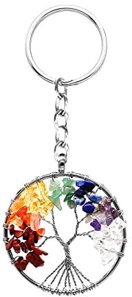 Porte-clés arbre de vie - 7 chakras en cristal de guérison - Pierre précieuse naturelle - Porte-clés de guérison Reiki - Pour l'amitié - Pour femme, homme, fille, vélo, rond, 70 x 140 cm