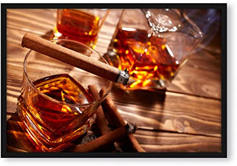 Pixxprint Edler Whiskey mit Zigarre, Poster im Bilderrahmen, Format: 38x30cm, Kunstdruck gerahmt