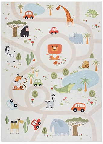 rugsx Bambino Kinderteppich mit Muster „Zoo” - Waschbar, Anti-Rutsch, beige 120x170 cm
