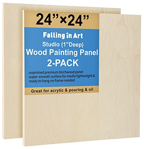 Falling in Art Unfinished Birch Wood Panels Kit for Painting, Wooden Canvas 2 Pack of 24”x24” Studio 1” Deep, Cradle Boards for Pouring, Art, Crafts, Burning and More