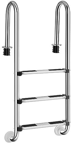 GOPLUS Edelstahl Poolleiter mit 3 Stufen, Schwimmbadleiter mit Rutschfesten Stufen & Geschwungener Handlauf, Pooltreppe bis 150 kg belastbar, Einstiegsleiter für Schwimmbecke, 147 x 53,5 x 64 cm