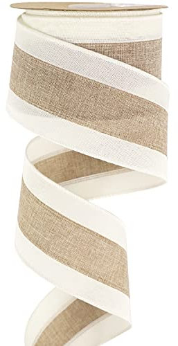 MEEDEE Jute und weiß gestreiftes Band, 6.3 cm, Jute, Drahtband mit elfenbeinfarbenem Juterand, Jute-Streifen, Drahtband für Kranz, Girlande, Topper, Weihnachten, Hochzeitsdekorationen (9.1 m)