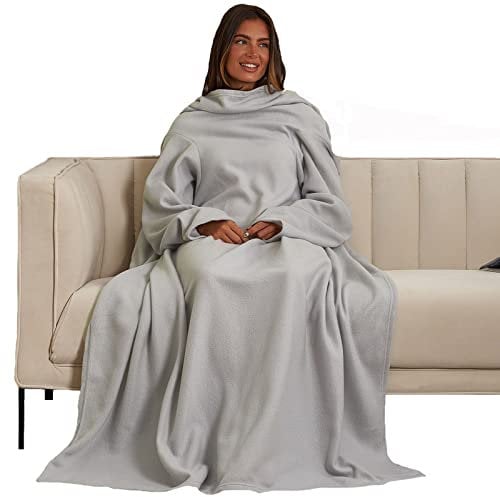 OHS Polar Fleece Blanket With Sleeves Wearable Throw Cosy Super Soft Warm Wrap, Silver - 135 x 170cm