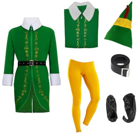 Emwwat Elf Costume, Christmas Elf Outfit with Elf Shoes, Hats, Coat, Belt and Leggings for Men
