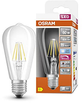 OSRAM Superstar dimmbare LED-Lampe mit besonders hoher Farbwiedergabe (CRI90) für E27-Sockel, Filament-Optik ,Kaltweiß (4000K), 730 Lumen, Ersatz für herkömmliche 60W-Leuchtmittel, dimmbar, 1-er Pack