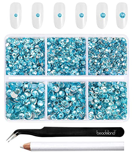 Beadsland 4300 Stück Blau Strasssteine mit flacher Rückseite,Nagelsteine, runde Kristall-Strasssteine zum Basteln, gemischt in 6 Größen, mit Picking-Pinzette und Wachsstift-Set, SS6–SS20,Aquamarin
