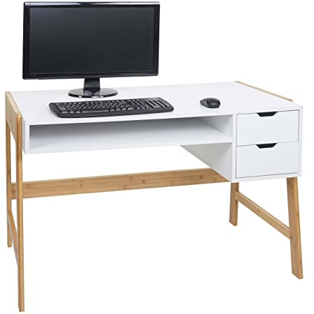 Mendler Schreibtisch HWC-K12 Schublade Bambus 76x115x58cm - weiß | Bürotisch, Computertisch, Arbeitstisch