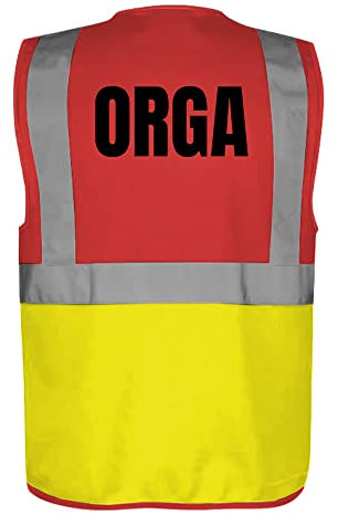 Fassbender-Druck WARNWESTEN - Sicherheitsweste ROT/GELB mit Taschen und Reißverschluss nach EN ISO 20471 zertifiziert - Warn Weste für ORGA - Unisex mit hochwertigem Reflektorstreifen
