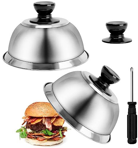 TOTSUN 2Pcs Burger Cloche Burger Covers Small Cheese Melting Dome with Screwdriver Stainless Steel Food Cover Dome Burger Cover to Melt Cheese for Patties Grilling Barbecue Melting Cheese Bell