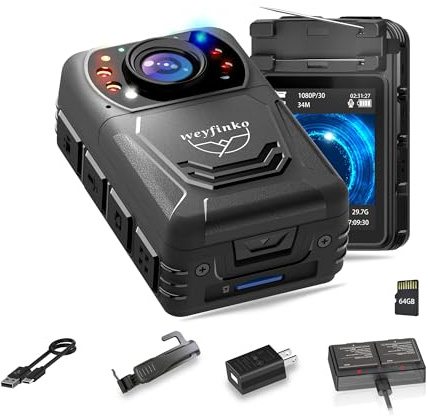 weyfinko W3 1080 am Körper getragene Kameras, 64 GB und 2 Befestigungsmöglichkeiten, Nachtsicht, 2 Batterien mit Ladeschale, kleine und leichte Kamera für Zuhause, Outdoor, Reisen, Meeting