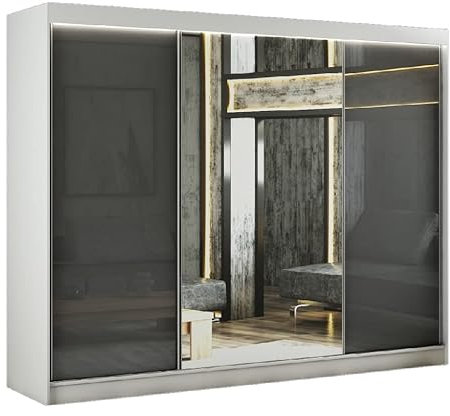 Margaret Hadas24 Kleiderschrank Venus 250 cm mit Spiegel, Organizer, Mehrzweckschrank, Schwebetürenschrank, Garderobenschrank, Kleiderstange, Kleiderständer, Flurschrank,3-türig, weiß, lacobel grau
