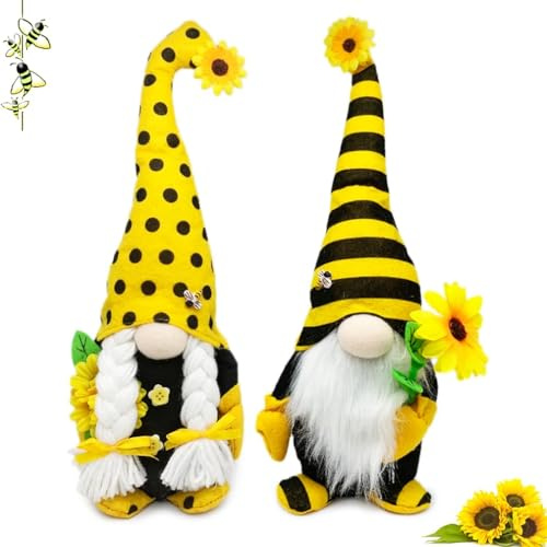 AMOH JERCY 2 PCS Sunflower Bee Theme Gnome Set, Tall Size, Spring Summer Bright Color Gnome Couple, Mantel Display Farmhouse Tiered Tray Decor, Rustic Scandinavian Gnome Plush