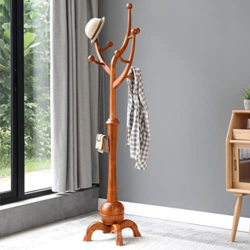 Coat Rack Freestanding Wood Coat Tree Rack with 8 Hooks, Light Brown | Creative Design Tree Branch-look, Standing Coat Rack with Sturdy Base, for Entryway, Hallway, Bedroom, Heavy Duty - Load 73KG