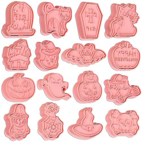 Lot de 16 emporte-pièces 3D avec tampon à piston, moules à biscuits d'Halloween – fantôme, chauve-souris, citrouille, chat, château, pierre tombale, sorcière, araignée, crâne, etc.