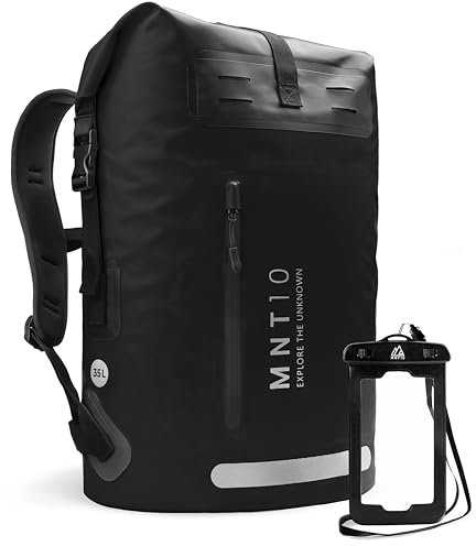 Wasserdichter Rucksack mit vertikaler Vordertasche 35L & 55L | Rückseite mit EVA-Polsterung | Innenfach mit Reißverschlusstasche und Schlüsselhalter | inklusive Handyhülle (Black, 35L)