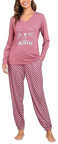 Lovasy Ensemble de Pyjama Femme Hiver Chaud 2 Pièces Pyjama Top Manches Long et Pantalon Pyjama Doux Vêtements de Nuit avec Poches D Rose M