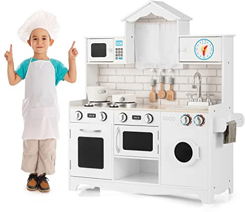 RELAX4LIFE Cucina Legno per Bambini, Set da Cucina Ben Attrezzato con Microonde, Forno, Lavatrice, Giocattolo Educativo per Bambini 3+ Anni