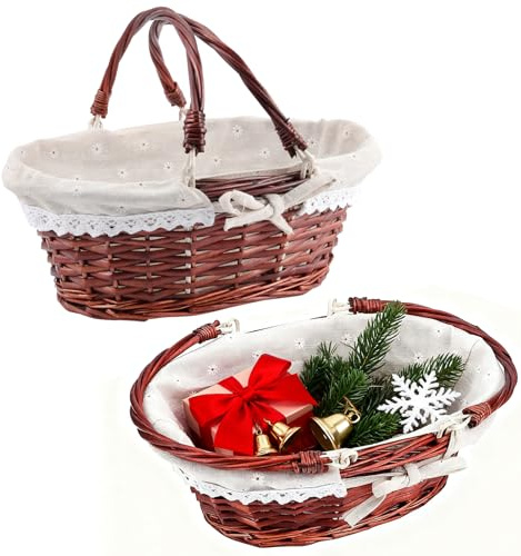 ZOENHOU 2 Stk. Weiden-Picknickkorb, handgewebter Weiden-Picknickkorb mit Klappgriff, Osterkorb, leerer Geschenkkorb für Obst, Süßigkeiten, Wein, Eiersammeln, Hochzeit, Braun
