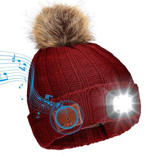 TAGVO Bluetooth Beanie Hat with LED Headlight, USB Rechargeable LED Beanie Cap with Headphones Built-in Stereo Speakers & Mic, Lighted Cap for Camping Running Skiing Hiking Cycling, Women Tech Gifts