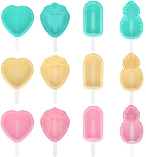 12 Pièces Moule Glace Silicone, Moule Glace Maison Rose Jaune Vert, Moules Glaces avec Batonnets et Couvercles, Moule Glace À l'Eau Fraise Ovale Coeur Ananas, Moule Glace Bebe, Moules À Crème Glacée