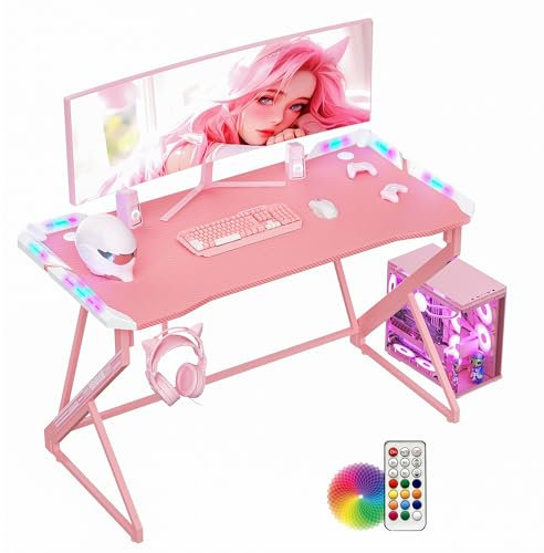 BEXEVUE Scrivania Gaming con LED - 100x60cm Tavolo Gamer Computer Ergonomica, Telaio Z Fibra di Carbonio Stabile Facile da Montare, Grande Postazione Desktop, Gancio Cuffie per Giocare Studiare Lavoro