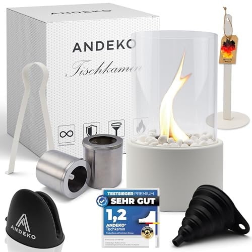 ANDEKO Premium Bioethanol Tischkamin - Tischfeuer 3h Brenndauer - Ethanol Kamin inkl. Dekosteine und 2X große Brennkammern - Hohes Sicherheitsglas - Regulierbare Flamme - Tischkamin Outdoor & Indoor