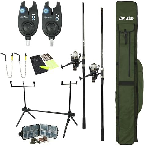 FISH-XPRO Set carpa Plus 2-Rod, set di canne da pesca alla carpa nera, 96 pezzi, rilevatori di scarafaggio, scambisti, rodpod, supporti posteriori, errori, extra espanso, tutto ciò di cui hai bisogno!