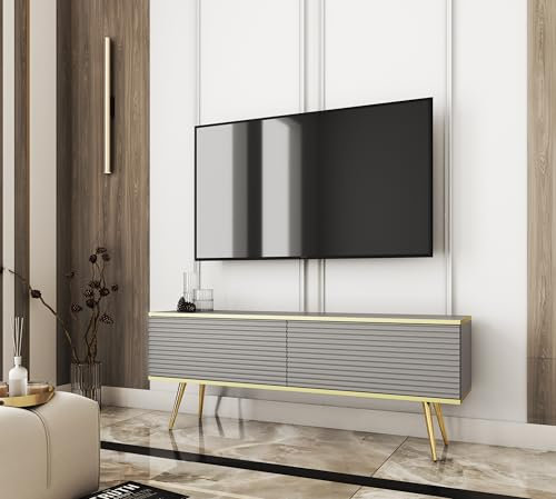 3E 3xE living.com TV- Schrank mit Lamellen in Grauer Farbe mit goldenen Beinen, D: L: 135 cm, H: 53 cm, T: 32 cm