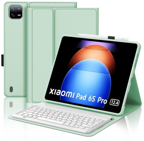 SENGBIRCH - Carcasa para teclado Xiaomi Pad 6s Pro 12.4'' 2024 - AZERTY francés teclado con ranura para bolígrafo, desmontable inalámbrico Bluetooth para Xiaomi Pad 6s Pro 12.4'', verde claro