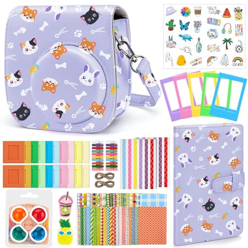 EEurhomewit Accessori Fotocamera per Instax Mini 12 Fotocamera Istantanea, Custodia Instax Mini 12 / Album/Cornici/Filtro/Adesivo per Cartoni Animati/Adesivo per Bordi e Angoli - Stampa Viola