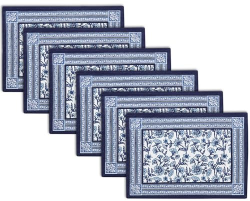 Encasa XO Esstischmatten-Set mit 6 Stück | Indigo-02 Blockdruck Baumwoll-Canvas Platzmatte - 46x32 cm | Jaipur Sanganeri Handdruck