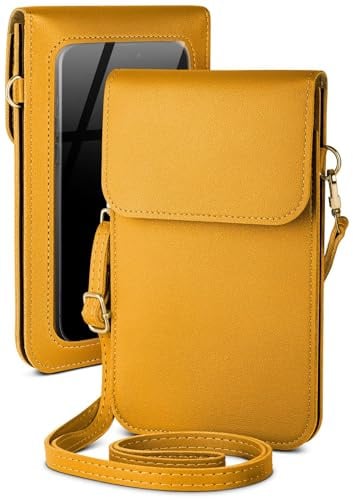 moex Handytasche zum Umhängen für Motorola Moto G24 kleine Handtasche mit Handyfach und Sichtfenster, 2 extra Fächer Mini PU Leder Handy Umhängetasche Damen CitySling, Gelb