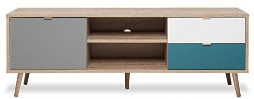 TV Lowboard in Sonoma Eiche hell mit Petrol, Weiß und Grau, Fernsehtisch Scandi Design, TV Unterteil Tricolor, 150 x 52 cm Colory