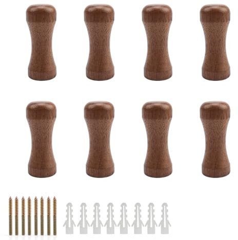 WJUAN 8x Wandhaken Holz (Nussbaum) – Massiver Kleiderhaken Holz mit Schrauben, hohe Tragkraft für Bad, Schlafzimmer & Wohnzimmer, Handtuchhalter Holz Wand